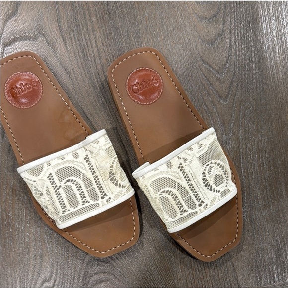 Chloe Shoes - Chloe Cream and Brown Slide Sandals Authentic